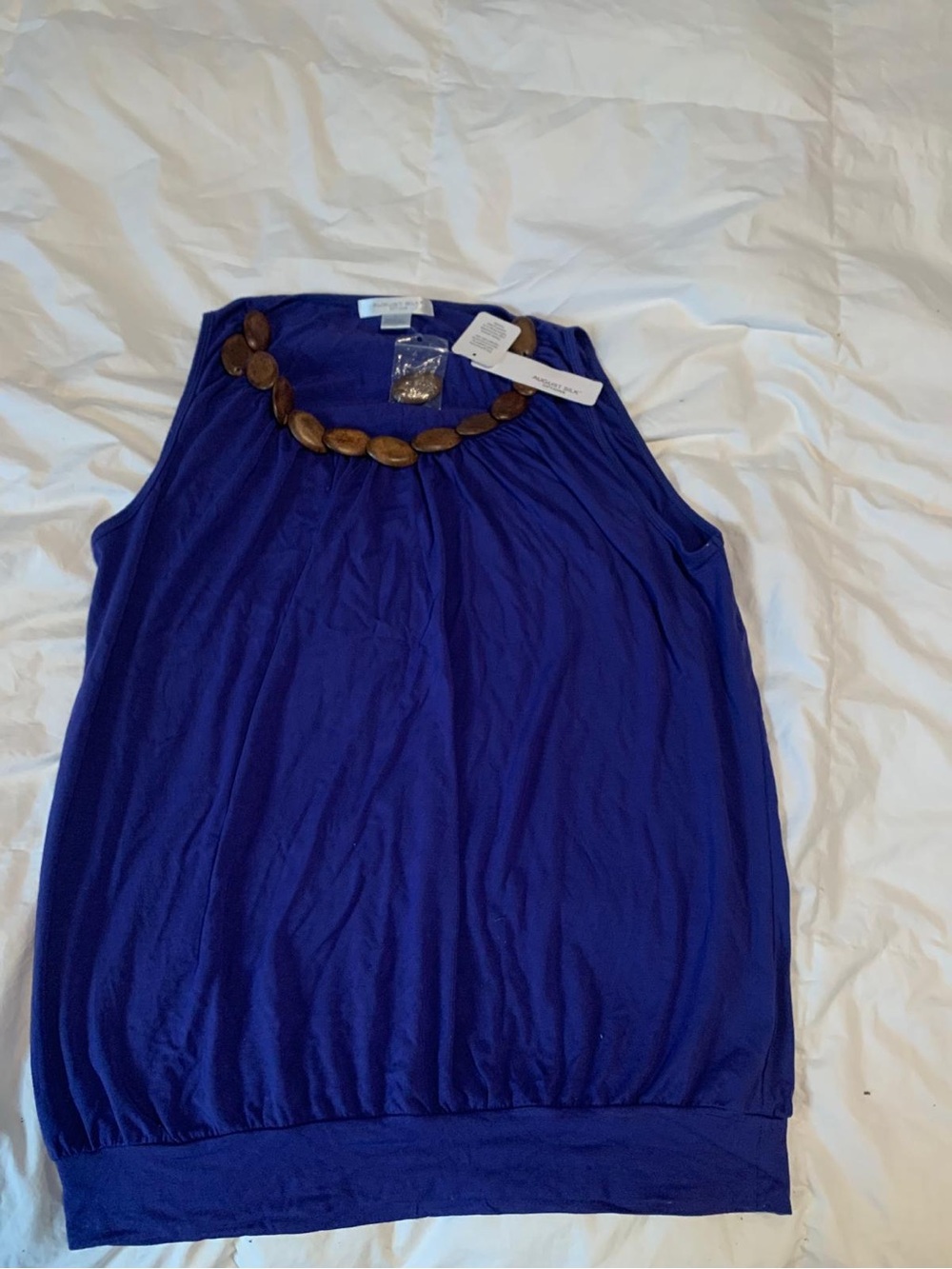 august silk Royal Blue Sleeveless Tank with Wooden Bead Neckline